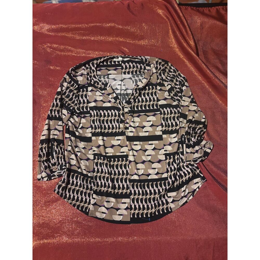 Dana Buchman Blouse Womens XL Geometric 3/4 Sleeve V-Neck Button Front Beige